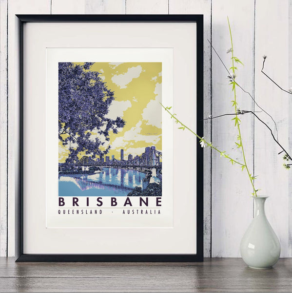 Brisbane River with Jacaranda art print in black frame with white vase