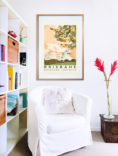 Brisbane Planetarium poster print in wooden frame with armchair