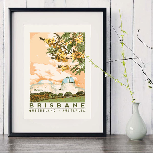 Brisbane Planetarium art print in black frame with white vase