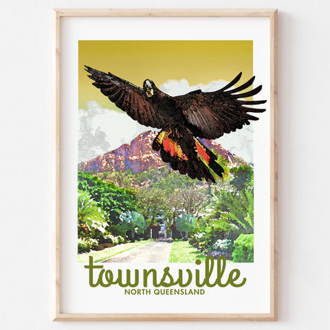 Poster art print Queensland Townsville Black Cockatoo in wooden frame