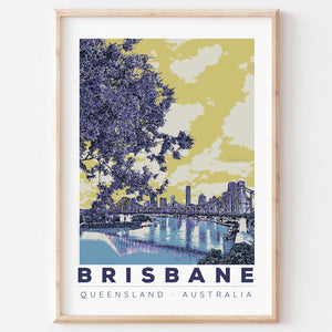 Poster art print Queensland Brisbane Jacaranda in wooden frame