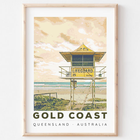 Poster art print Queensland Gold Coast Lifeguard tower in wooden frame