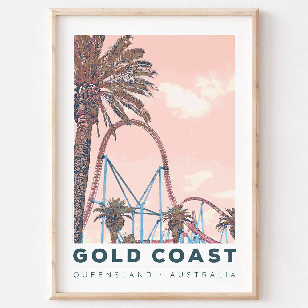 Poster art print Queensland Gold Coast Rollercoaster in wooden frame