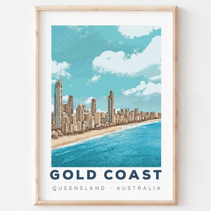 Poster art print Queensland Gold Coast Surfers Paradise in wooden frame