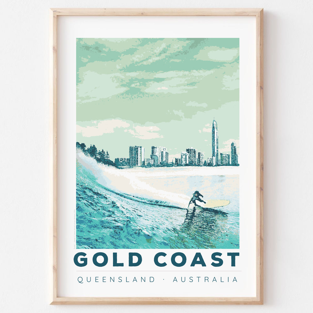 Poster art print Queensland Gold Coast Blue Surfer in wooden frame