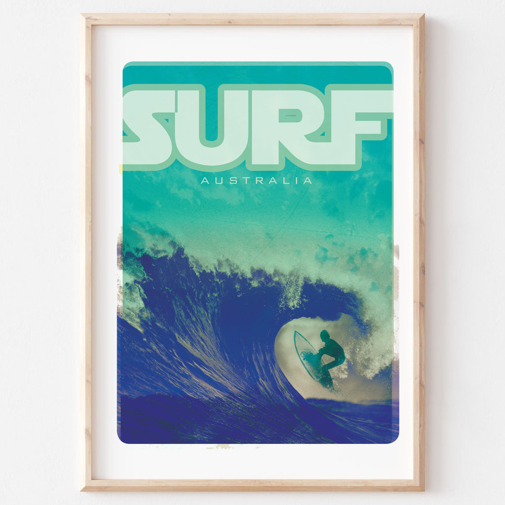 Poster art print Queensland Surfer Blue Wave in wooden frame