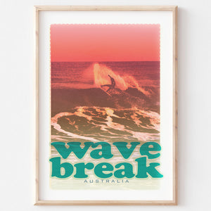 Poster art print Queensland Surfer Wave Break two in wooden frame