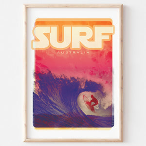 Poster art print Queensland Surfer Blue Wave two in wooden frame