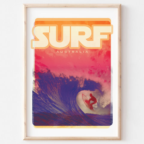 Poster art print Queensland Surfer Blue Wave two in wooden frame