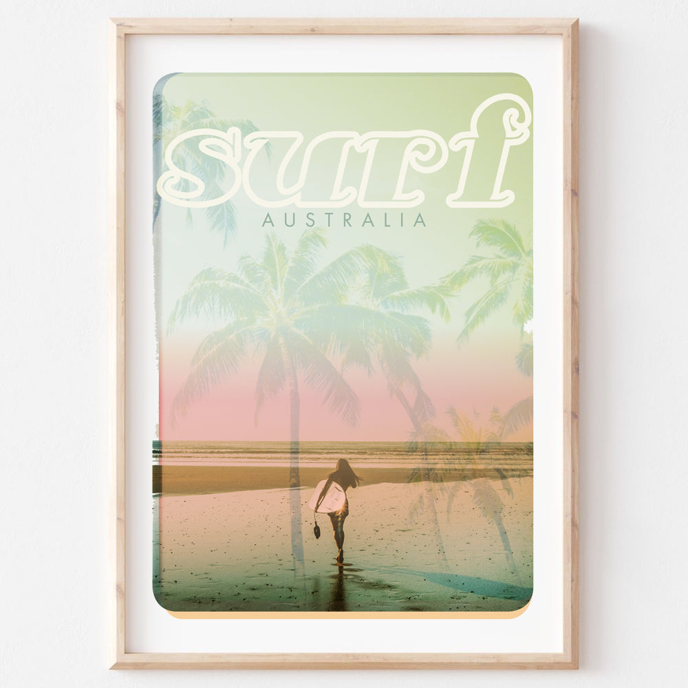 Poster art print Queensland Surfer beach dreams two in wooden frame