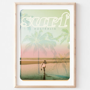Poster art print Queensland Surfer beach dreams two in wooden frame