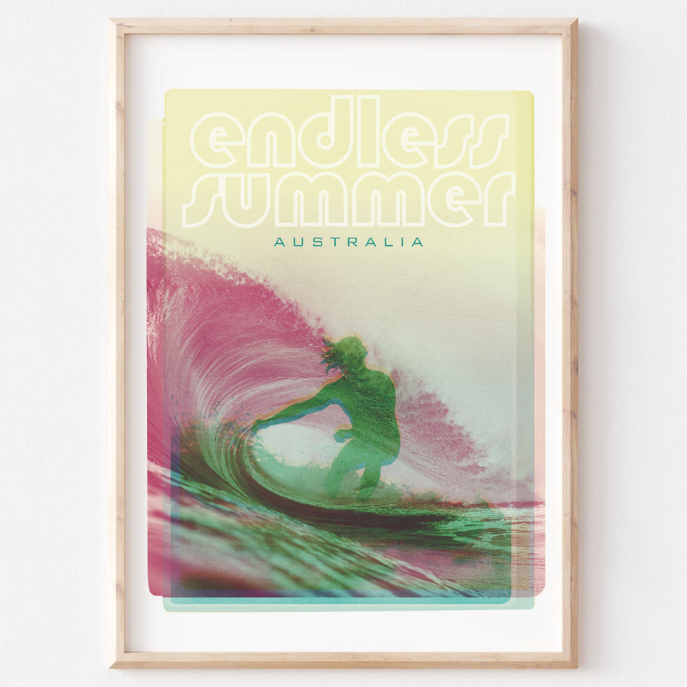 Poster art print Queensland Surfer Endless Summer in wooden frame