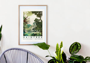 Daintree rainforest poster showing rainforest and the Daintree river hanging on a white wall 