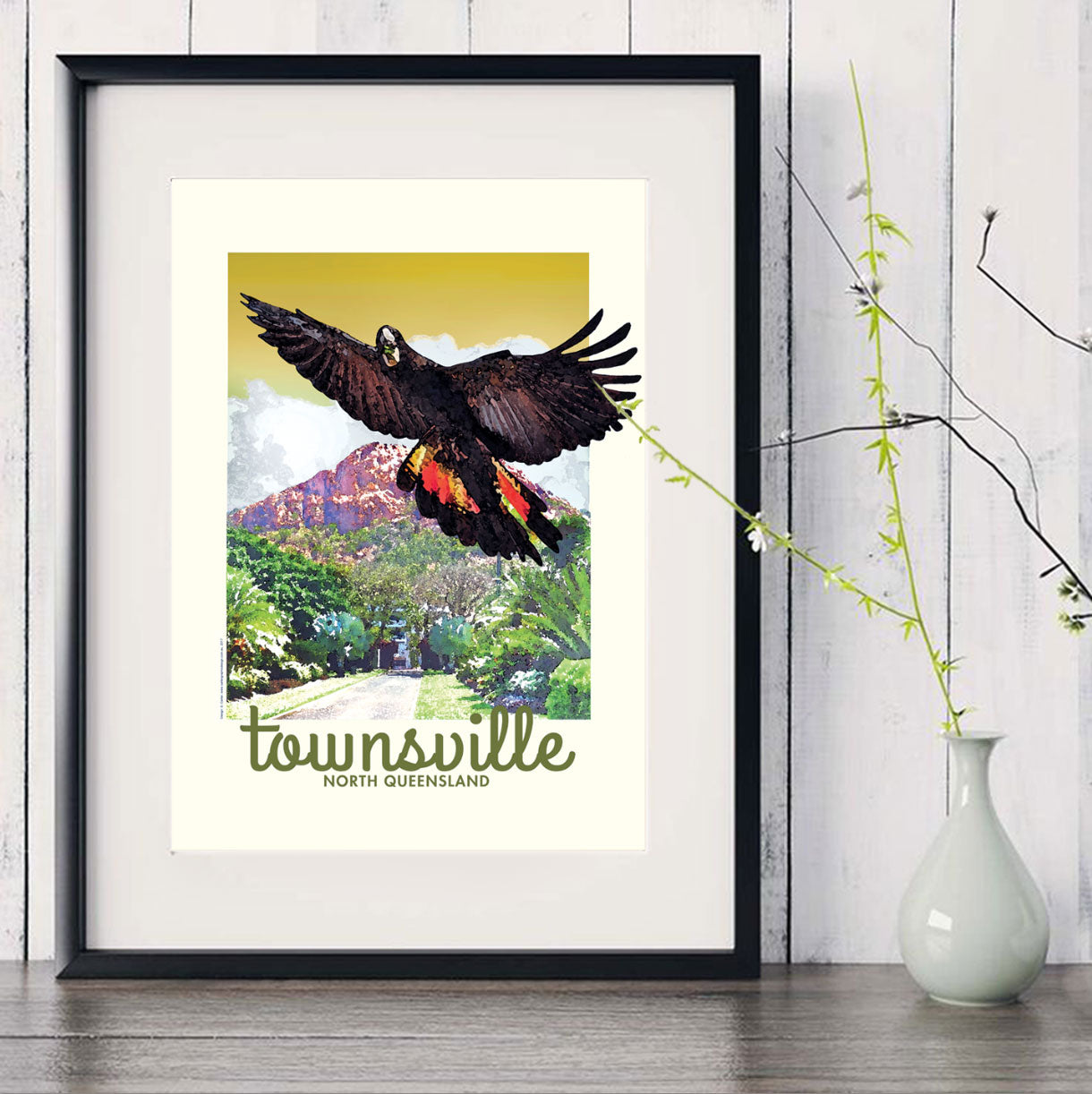 A3 Townsville Poster 'Black Cockatoo' in black frame