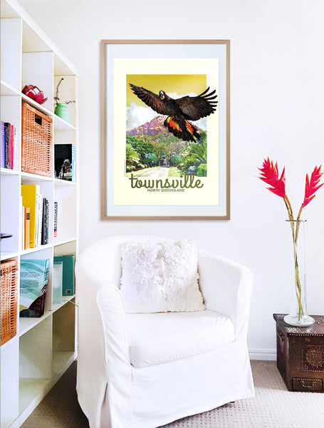 A2 Townsville Poster 'Black Cockatoo' in wooden frame