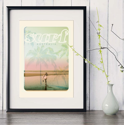A3 Australia Surf Poster 'Beach Dreams' Pink in black frame