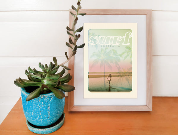 A4 Australia Surf Poster 'Beach Dreams' Pink in wooden frame