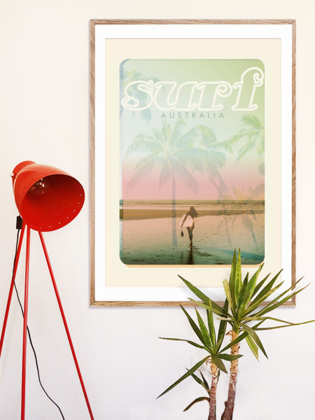 A1 Australia Surf Poster 'Beach Dreams' Pink in woodenframe