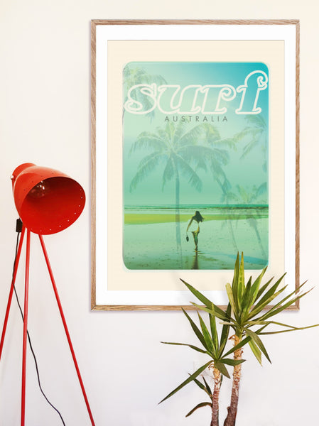 A1 Australia Surf Poster 'Beach Dreams' Blue on wall in wooden frame