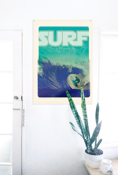 A2 Australia Surf Poster 'Blue Wave' Teal on white wall