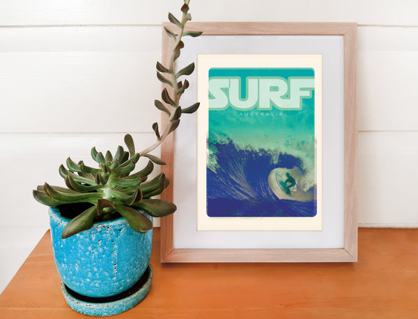 A4 Australia Surf Poster 'Blue Wave' Teal in wooden frame