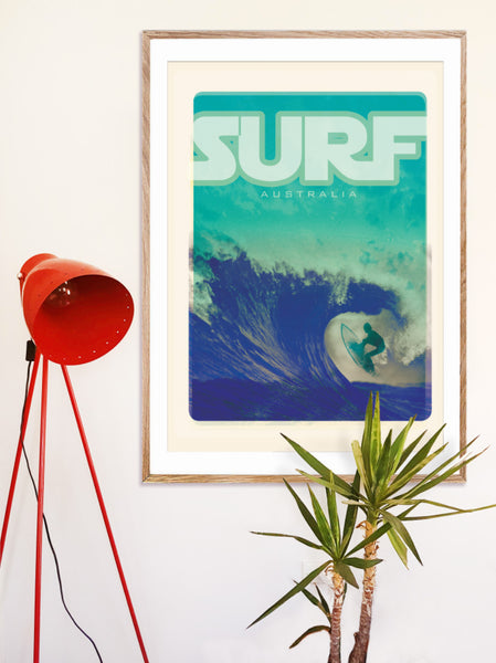 A1 Australia Surf Poster 'Blue Wave' Teal in wooden frame