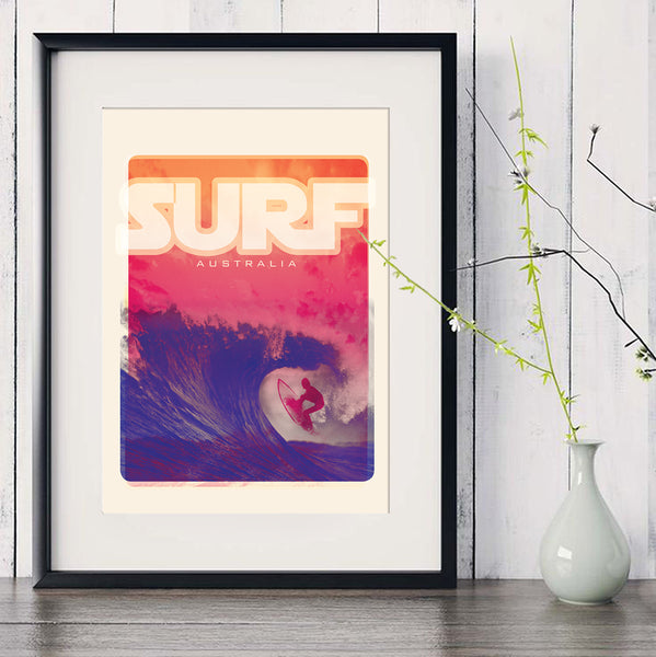 A3 Australia Surf Poster 'Blue Wave' Red in black frame