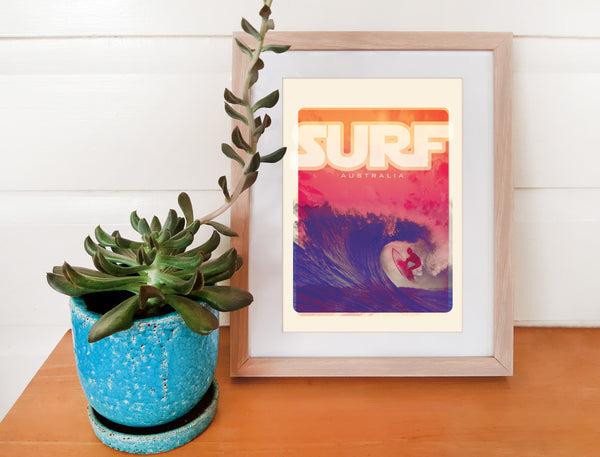 A4 Australia Surf Poster 'Blue Wave' Red in wooden frame