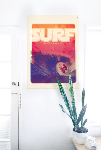 A2 Australia Surf Poster 'Blue Wave' Red on white wall