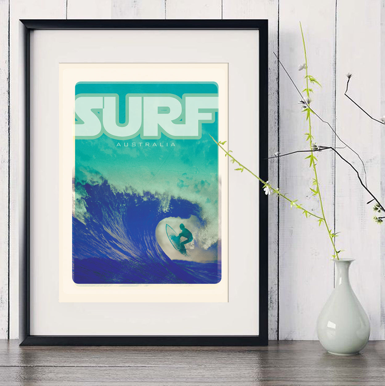 A3 Australia Surf Poster 'Blue Wave' Teal in black frame