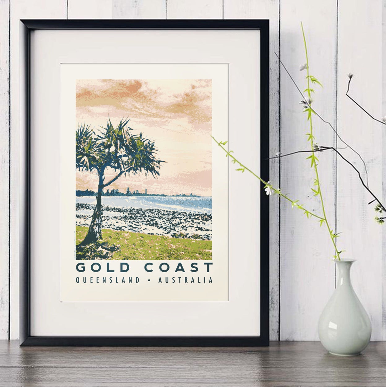 Queensland Gold Coast Poster 'Burleigh Heads' A4 in black frame with white vase