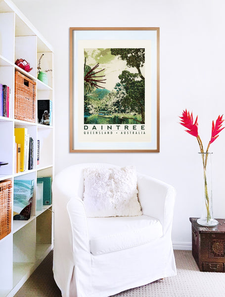 Daintree rainforest poster print in wooden frame with armchair