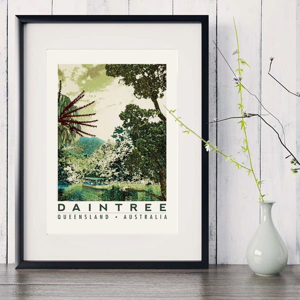 Daintree rainforest art print in black frame with white vase