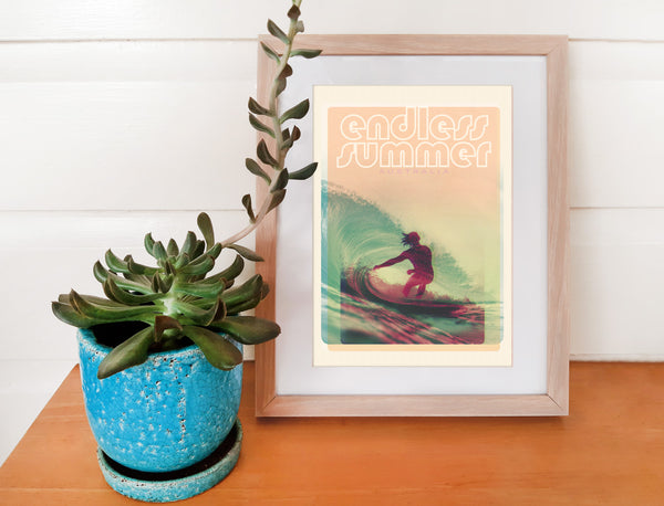 A4 Australia Surf Poster 'Endless Summer' Red in wooden frame