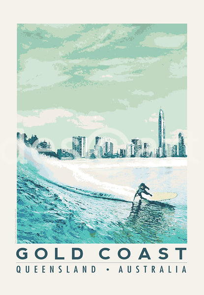 Queensland Gold Coast Poster 'Blue Surfer' with skyline and water mark
