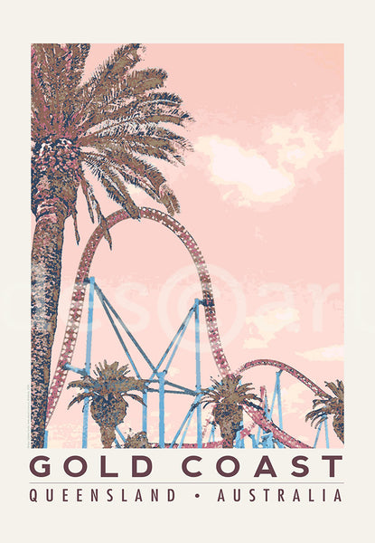 Queensland Gold Coast Poster with roller coaster and palm tree with water mark 