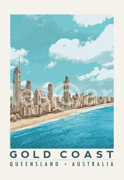 Queensland Gold Coast Poster with 'Surfers Paradise' skyline with water mark