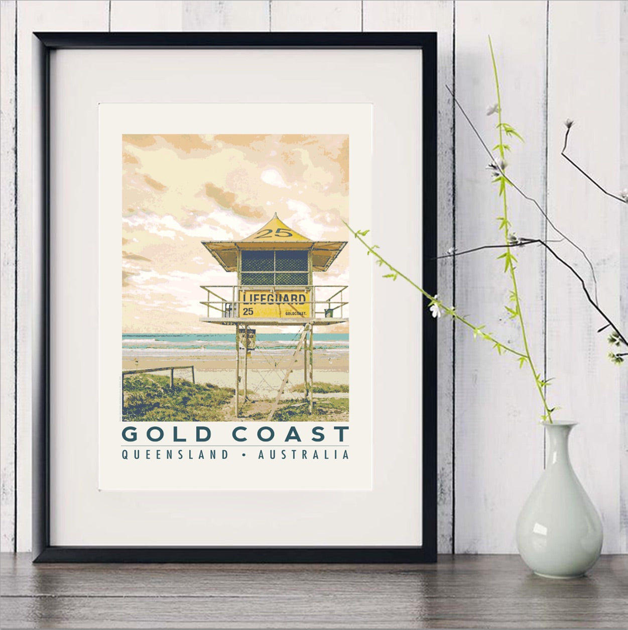 A3 Gold Coast Queensland Poster 'Lifeguard Tower' in black frame