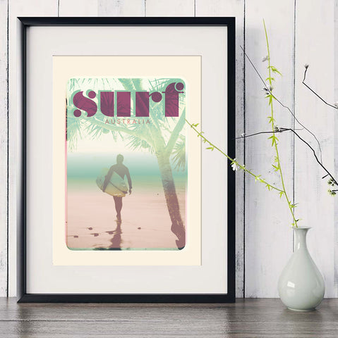 A3 Australia Surf Poster "morning Surf' Pink in black frame