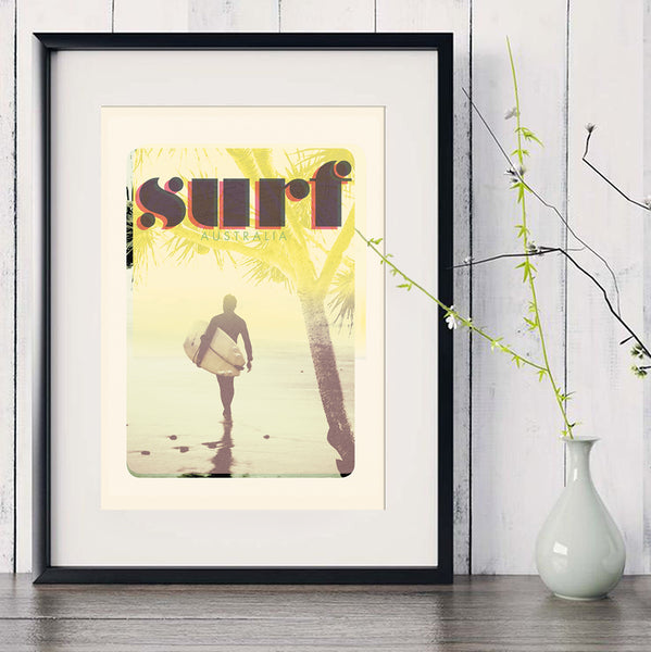 A3 Australia Surf Poster 'Morning Surf' Yellow in black frame