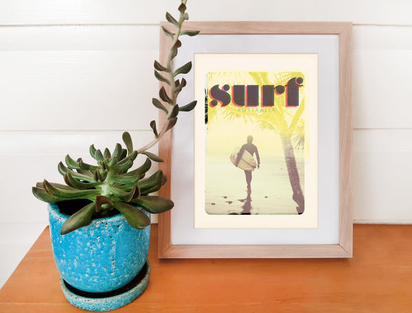 A4 Australia Surf Poster 'Morning Surf' Yellow in wooden frame