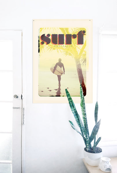 A2 Australia Surf Poster 'Morning Surf' Yellow on white wall
