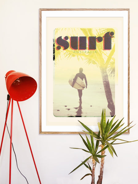A1 Australia Surf Poster 'Morning Surf' Yellow in wooden frame
