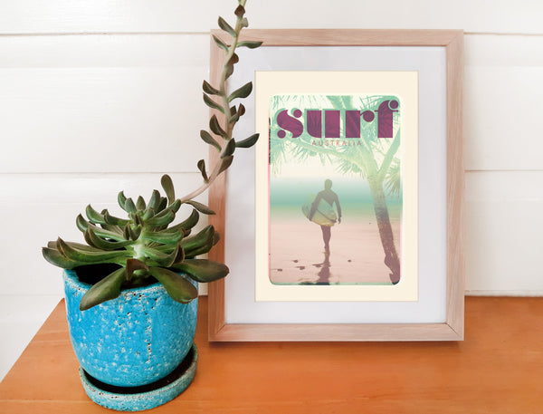 A4 Australia Surf Poster 'Morning Surf' Pink in wooden frame