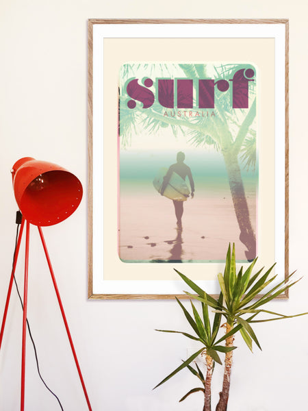 A1 Australia Surf Poster 'Morning Surf' Pink in wooden frame