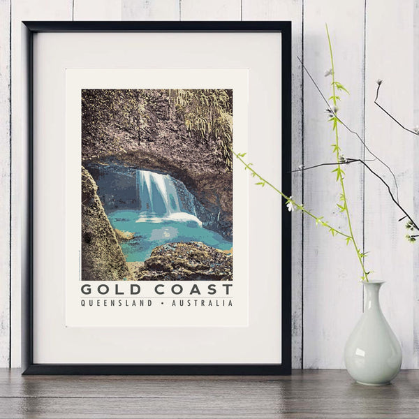 Queensland Gold Coast Poster 'Natural Bridge' A3 in black frame with white vase
