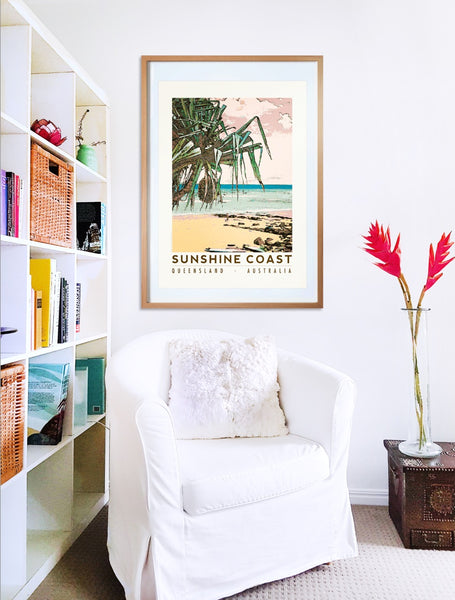 Sunshine Coast beach with pandanus poster print in wooden frame with armchair