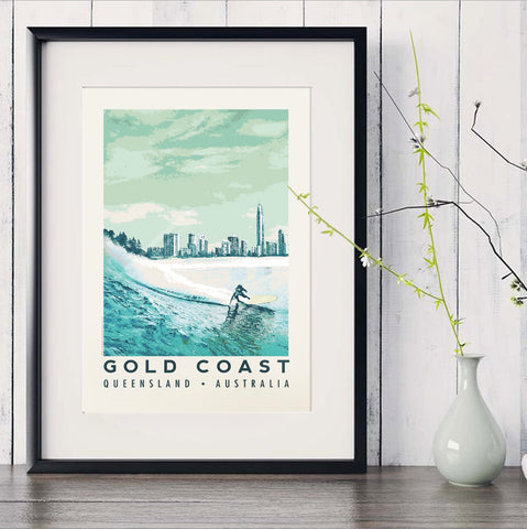 Queensland Gold Coast Poster with Blue surfer with Gold Coast skyline in black frame with white vase