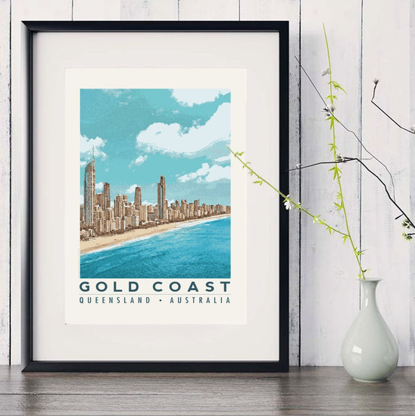 Gold Coast Australia Poster with Surfers Paradise skyline in black frame with white vase