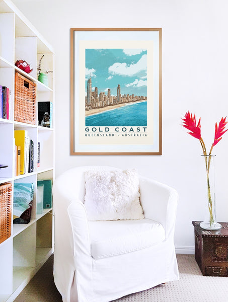 Gold Coast Australia Poster with Surfers Paradise skyline in wooden frame with armchair